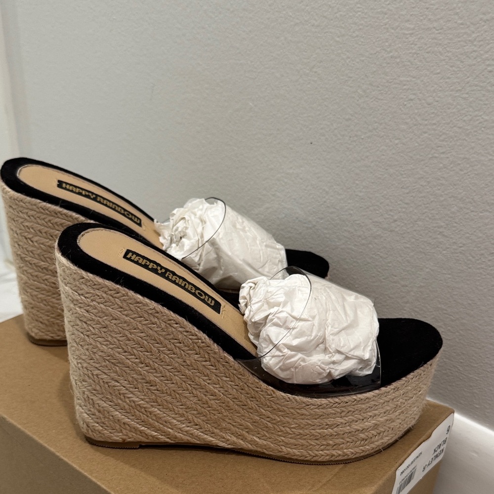 Happy Rainbow Black and Cream Wedge Sandals